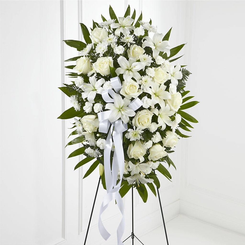 Exquisite Tribute Standing Spray-White Ribbon – Frankstown Garden, Pittsburgh PA